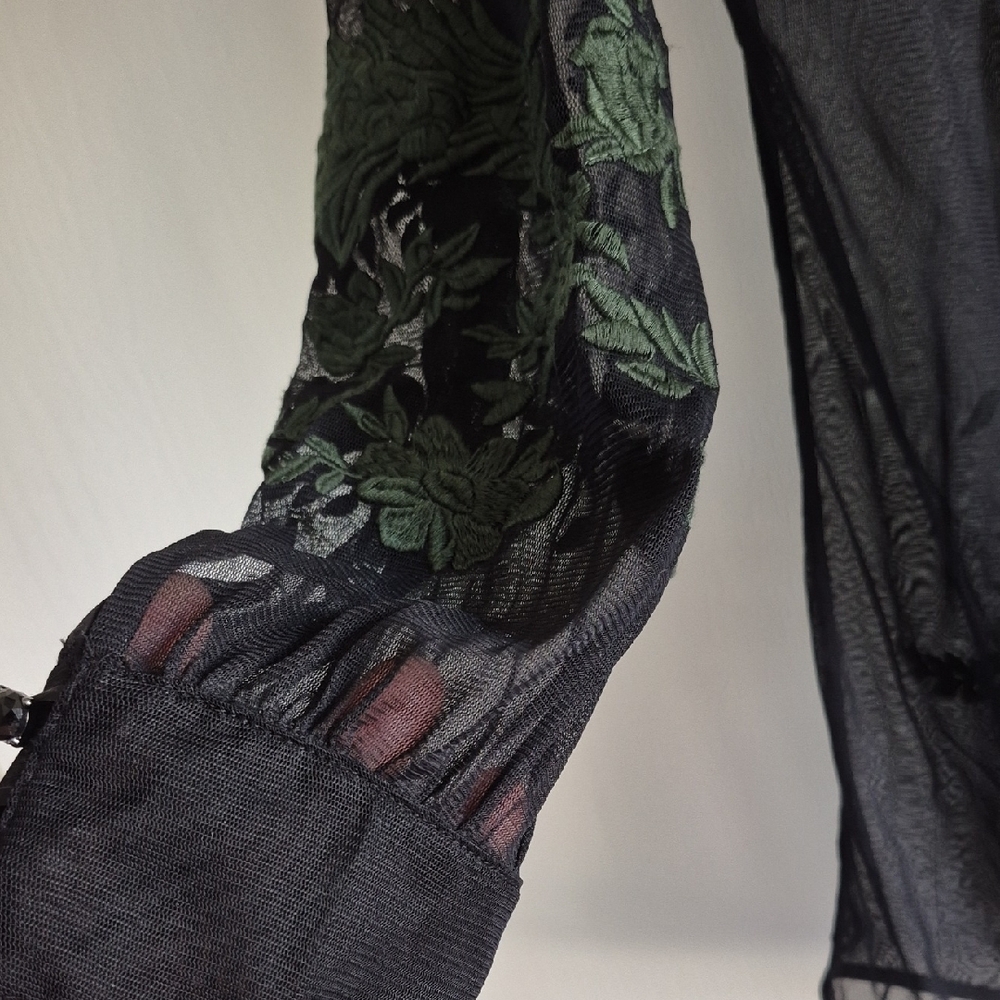 Carlisle Black Sheer Blouse with Green Embroidery - Picture 4 of 7